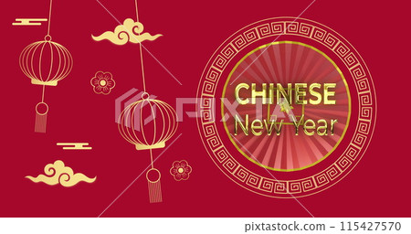 Image of chinese new year ext over lanterns and chinese pattern on red background 115427570