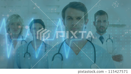 Image of neon heart rate over caucasian female and male doctors 115427571