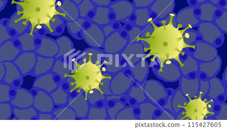 Image of yellow viruses over blue cells on navy background Image of yellow viruses over blue cells on navy background 115427605