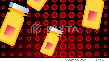 Image of yellow pills over red cells on black background Image of yellow pills over red cells on black background 115427626