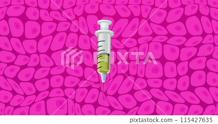 Image of syringe over pink cells on pink background 115427635