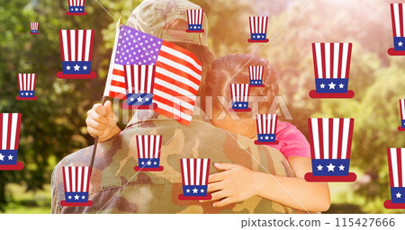 Image of soldier with daughter and american flag over hats Image of soldier with daughter and american flag over hats 115427666