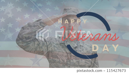 Image of veterans day text over soldier and american flag 115427673