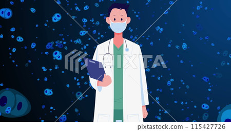 Image of caucasian male doctor in face mask over blue cells on navy background Image of caucasian male doctor in face mask over blue cells on navy background 115427726