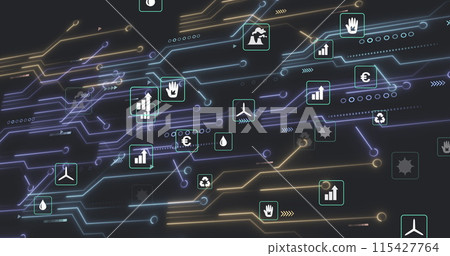 Image of network of connections over ecology icons Image of network of connections over ecology icons 115427764