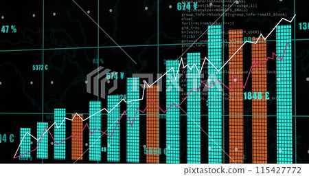 Image of data processing over shapes on blue background Image of data processing over shapes on blue background 115427772