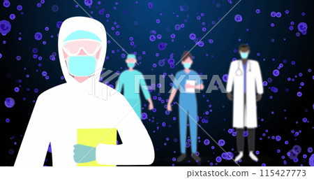 Image of doctor in safety uniform over blue cells on navy background 115427773