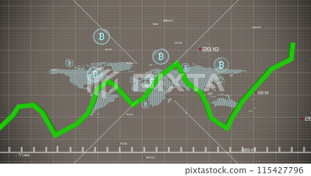 Image of financial data processing over world map and bitcoin symbols 115427796