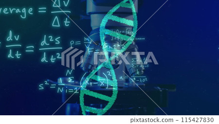 Image of dna strand and scientific data processing over laboratory dishes on blue background 115427830