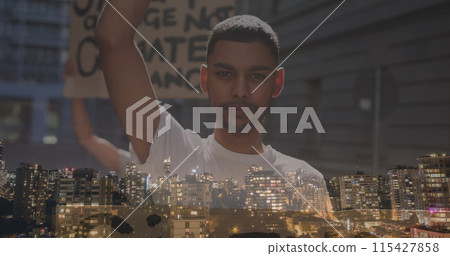 Image of biracial men raising hands over cityscape Image of biracial men raising hands over cityscape 115427858