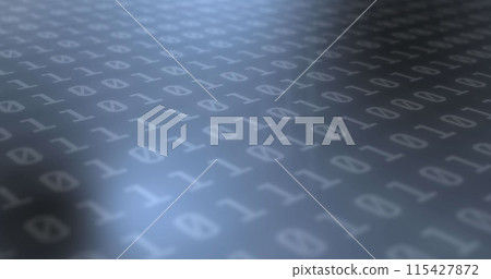 A digital binary code pattern spreads across the screen, symbolizing data encryption 115427872