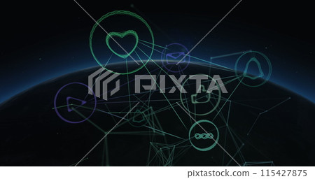 Image of network of connections with digital icons and data processing on screens over globe 115427875