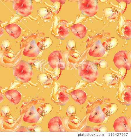 Watercolor seamless pattern of chines flat peaches levitation with splashing juice isolated on yellow . Fruits with drops painted. Fig peach hand drawn. Design element for package, label, cosmetic Watercolor seamless pattern of chines flat peaches levitation with splashing juice isolated on yellow . Fruits with drops painted. Fig peach hand drawn. Design element for package, label, cosmetic 115427937