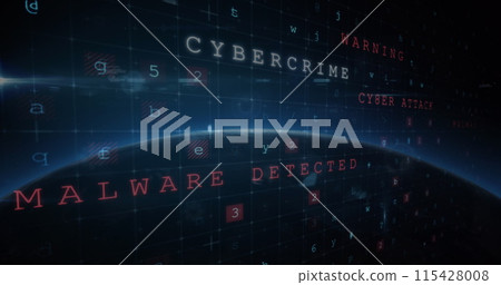 Image of cyber attack warning, scopes scanning and data processing over globe 115428008