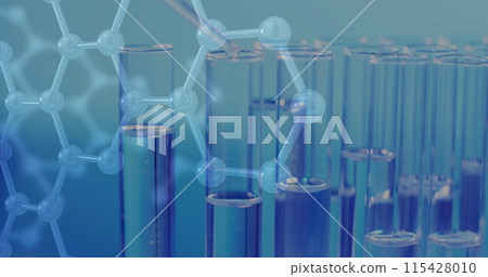 Image of chemical structures over laboratory dishes on blue background Image of chemical structures over laboratory dishes on blue background 115428010