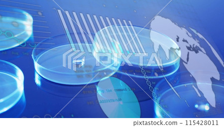 Image of scientific data processing over laboratory dishes on blue background 115428011