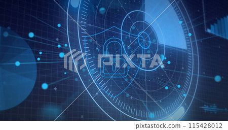 Image of online security padlock, scope scanning and data processing 115428012