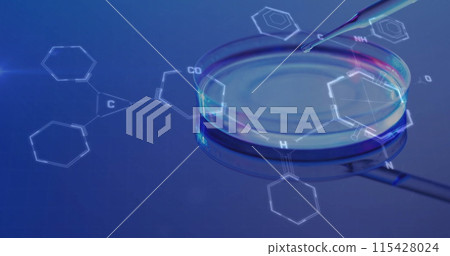 Image of scientific data processing over laboratory dish on blue background 115428024