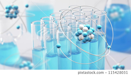 Image of atom over laboratory dishes on white background Image of atom over laboratory dishes on white background 115428031