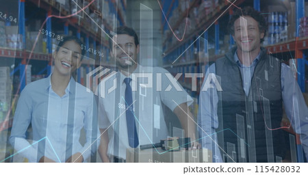 Image of statistics and financial data processing over men and woman working in warehouse Image of statistics and financial data processing over men and woman working in warehouse 115428032