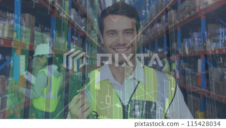 Image of statistics and financial data processing over man working in warehouse Image of statistics and financial data processing over man working in warehouse 115428034