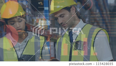 Image of statistics and financial data processing over man and woman working in warehouse Image of statistics and financial data processing over man and woman working in warehouse 115428035