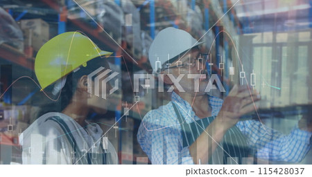 Image of statistics and financial data processing over man and woman working in warehouse 115428037