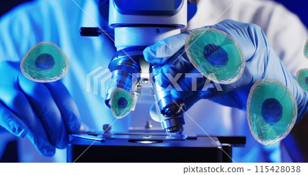 Image of white blood cells over scientist using laboratory microscope on blue background Image of white blood cells over scientist using laboratory microscope on blue background 115428038