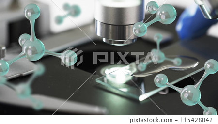 Image of chemical molecules over laboratory microscope on white background Image of chemical molecules over laboratory microscope on white background 115428042