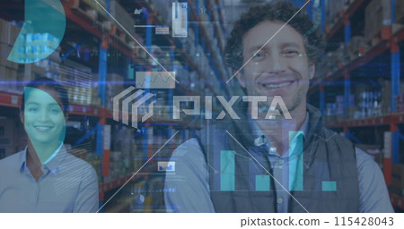 Image of statistics and financial data processing over man and woman working in warehouse Image of statistics and financial data processing over man and woman working in warehouse 115428043