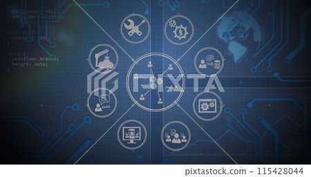 Image of network of icons over scopes scanning and data processing on screens Image of network of icons over scopes scanning and data processing on screens 115428044