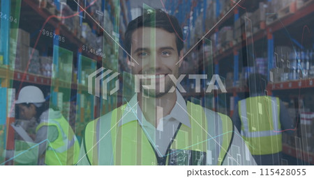 Image of statistics and financial data processing over man working in warehouse Image of statistics and financial data processing over man working in warehouse 115428055
