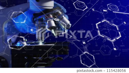 Image of chemical structures over laboratory microscope on blue background Image of chemical structures over laboratory microscope on blue background 115428056