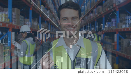 Image of statistics and financial data processing over man and woman working in warehouse Image of statistics and financial data processing over man and woman working in warehouse 115428058