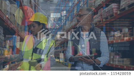 Image of statistics and financial data processing over man and woman working in warehouse Image of statistics and financial data processing over man and woman working in warehouse 115428059