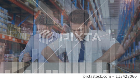 Image of statistics and financial data processing over men working in warehouse 115428060