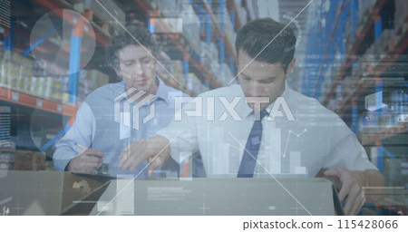 Image of statistics and financial data processing over men working in warehouse Image of statistics and financial data processing over men working in warehouse 115428066