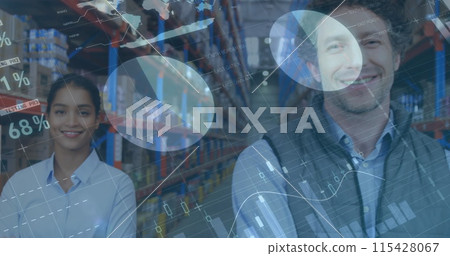 Image of statistics and financial data processing over man and woman working in warehouse Image of statistics and financial data processing over man and woman working in warehouse 115428067