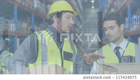 Image of statistics and financial data processing over men working in warehouse Image of statistics and financial data processing over men working in warehouse 115428075