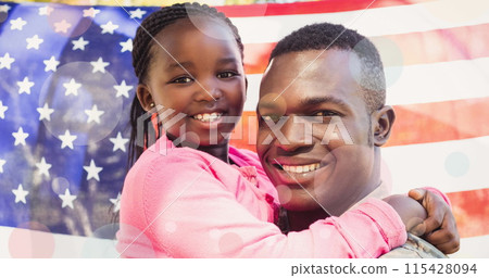 Image of male soldier embarcing his daughter over american flag 115428094
