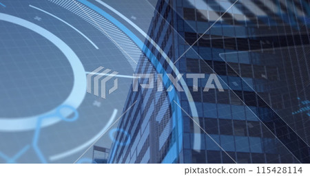 Image of scopes scanning and data processing on screens over modern office building Image of scopes scanning and data processing on screens over modern office building 115428114