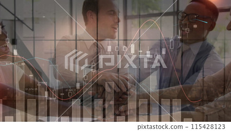 Image of financial data processing over business people stacking hands in meeting 115428123