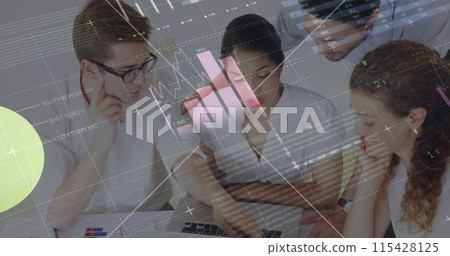 Image of statistics and financial data processing over business people in meeting 115428125