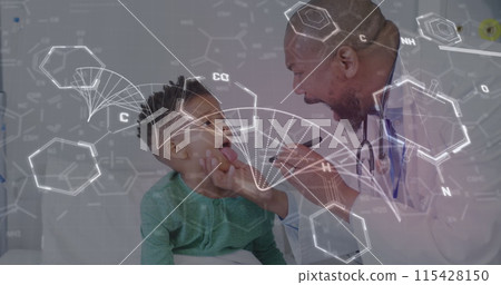 Image of dna strand and medical data over african american male doctor examining boy patient Image of dna strand and medical data over african american male doctor examining boy patient 115428150