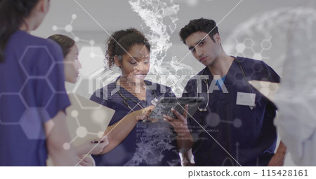 Image of cells and medical data over diverse female and male doctors in discussion using tablet Image of cells and medical data over diverse female and male doctors in discussion using tablet 115428161