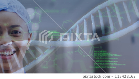 Image of dna strand and medical data over half face of smiling biracial female doctor Image of dna strand and medical data over half face of smiling biracial female doctor 115428162