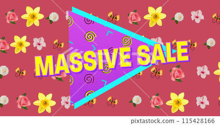 Image of massive sale text over triangle with abstract shapes and floral background 115428166