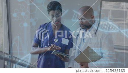 Image of dna strand and data over african american female and male doctor using tablet talking 115428185