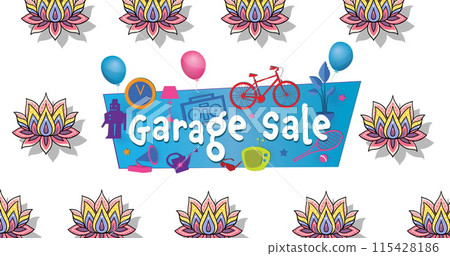 Image of garage sale text over blue banner and flowers on white background 115428186