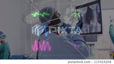 Image of vital signs readings over african american male surgeon studying x ray 115428208